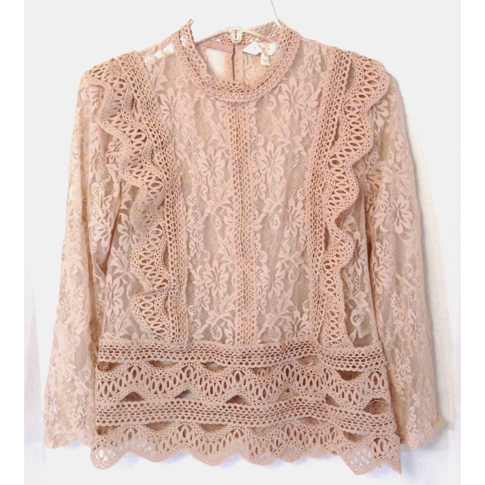 Crochet Lace Embroidered Top Wn S Beige Long Sleeve Blouse Sheer Fairy Boho Y2K